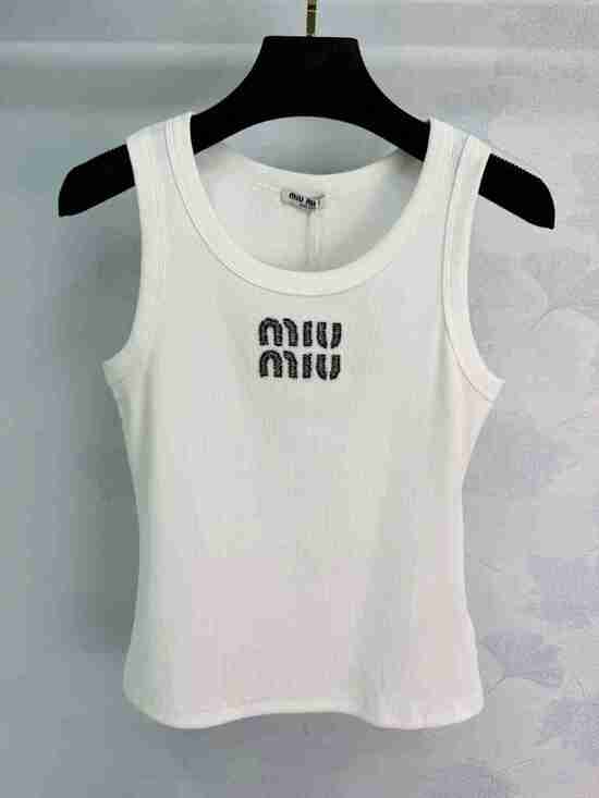 Miu Miu Tops - 💎Miu Miu Rhinestone Logo White Ribbed U-Neck Fitted Tank Top